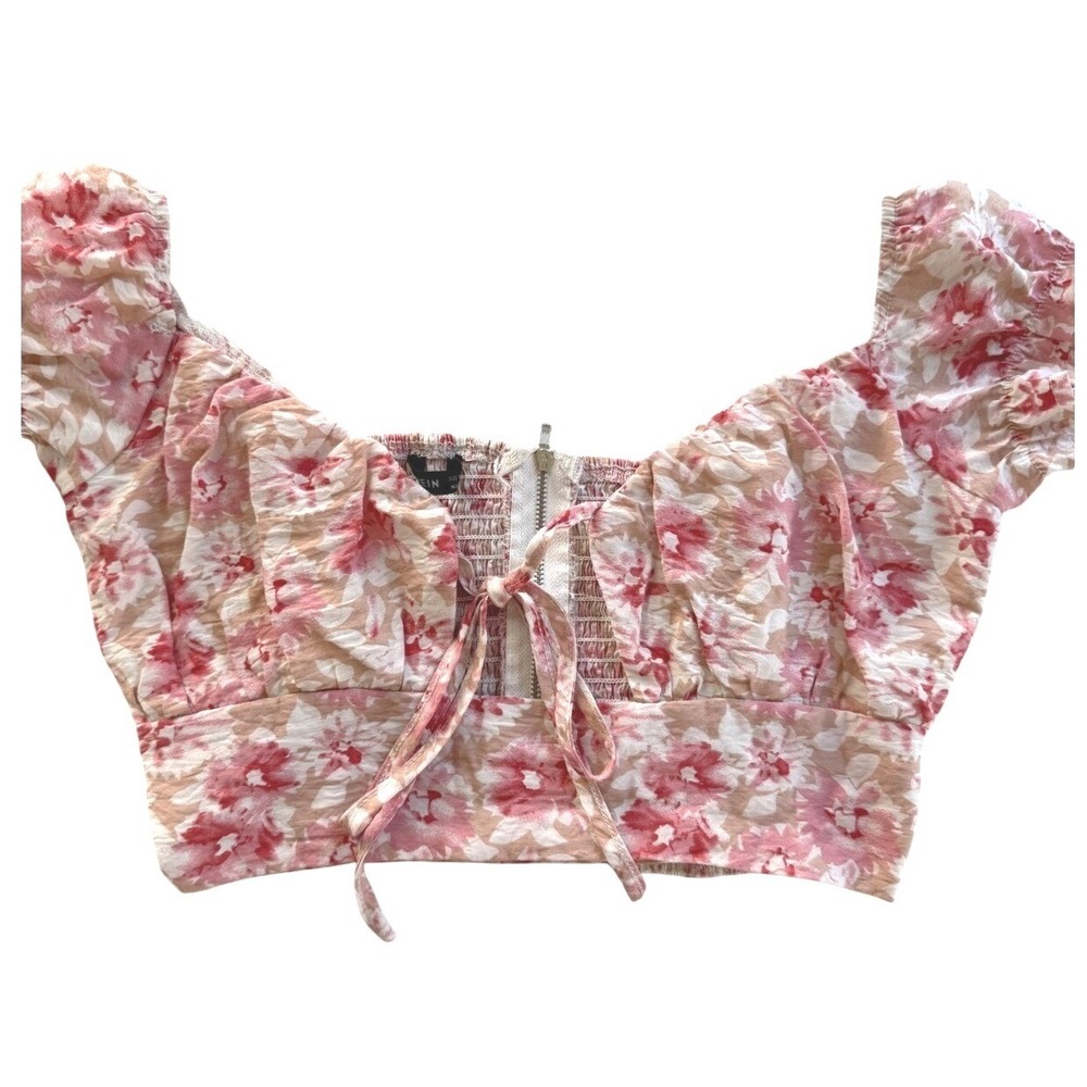 Crop Top Womens XS Pink Floral Tie Front Smocked Back Zipper Short Sleeve